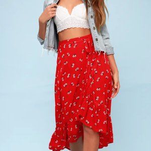 Dancing Til Dawn Red Floral Print Midi Wrap Skirt